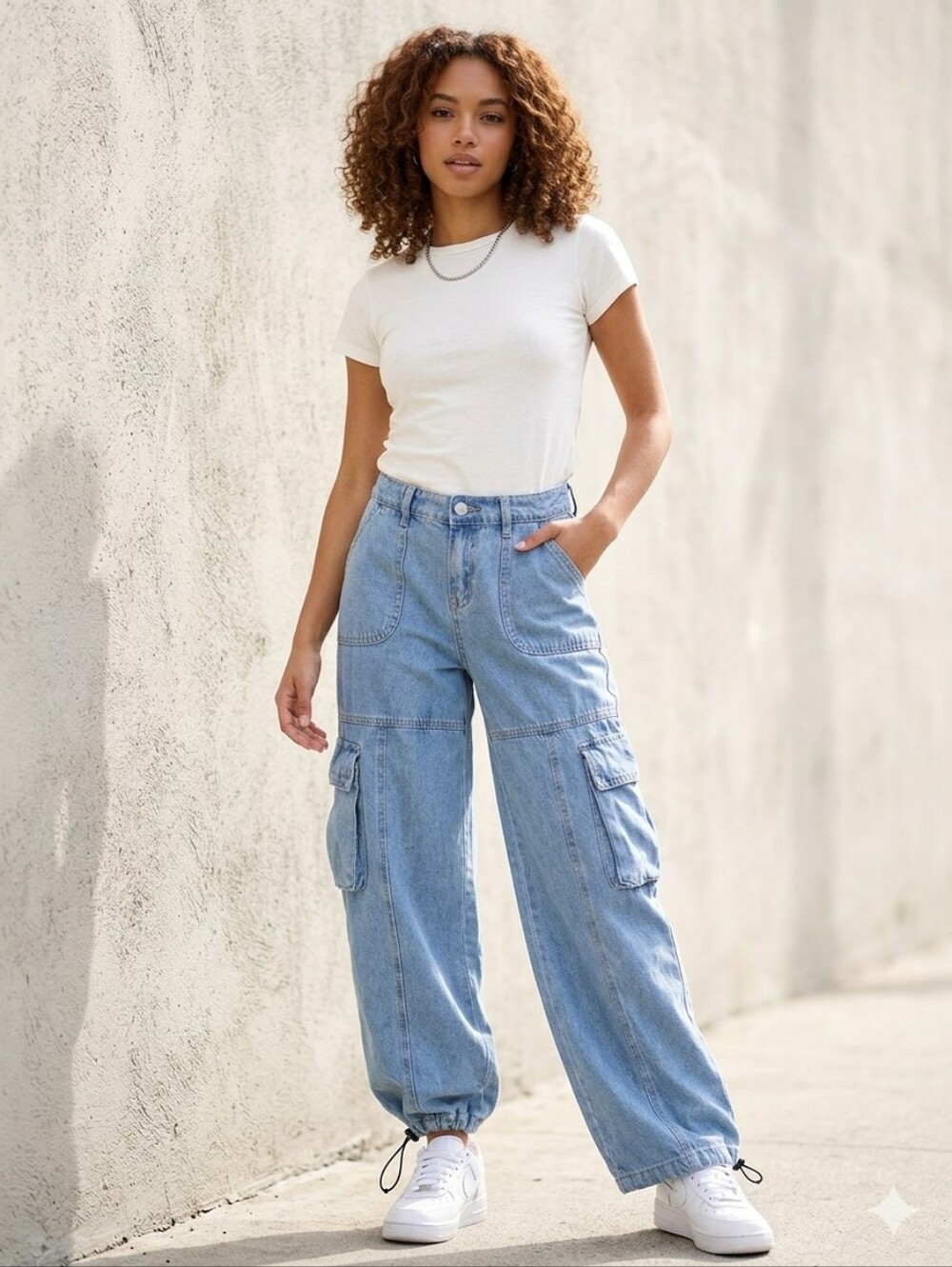 Simple Society Baggy Wide-Leg Toggle Hem Cargo Jeans Light Wash Size 0/24